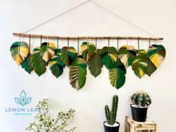Large Monstera Leaf Macrame Wall Hanging Colorful Boho Art - thumbnail 1
