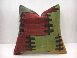 Vintage Kilim Pillow Cover, Bohemian Turkish Pillow, Handwoven Linen, 16x16 - thumbnail 1