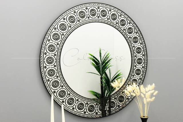 Decorative Round Wall Mirror With Black Antique Pattern For Hallways, Entryways, Bathrooms, Bedrooms - image 1