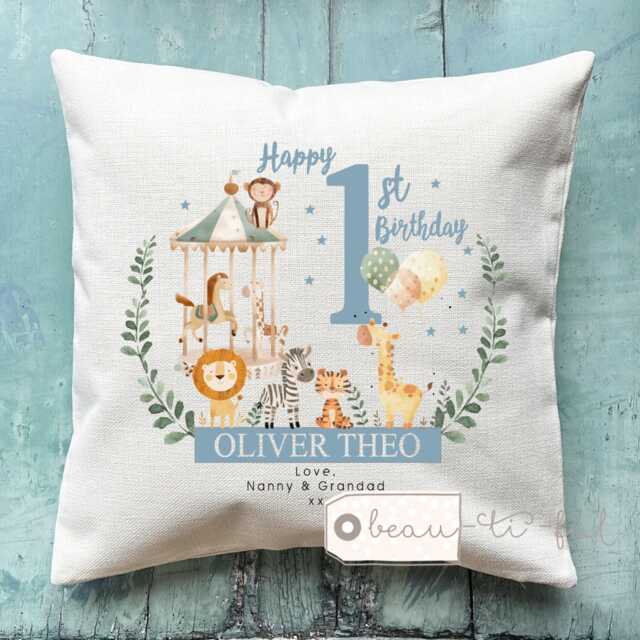 Personalised First Birthday Gift Happy Age 1St 2nd 3rd Boy Blue Animals Safari Design Linen Style Cushion Cover - Child - image 1