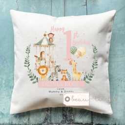 Personalised First Birthday Gift Happy Age 1St 2nd 3rd Boy Blue Animals Safari Design Linen Style Cushion Cover - Child - thumbnail 3
