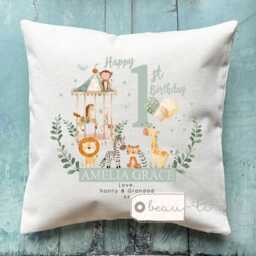 Personalised First Birthday Gift Happy Age 1St 2nd 3rd Boy Blue Animals Safari Design Linen Style Cushion Cover - Child - thumbnail 2