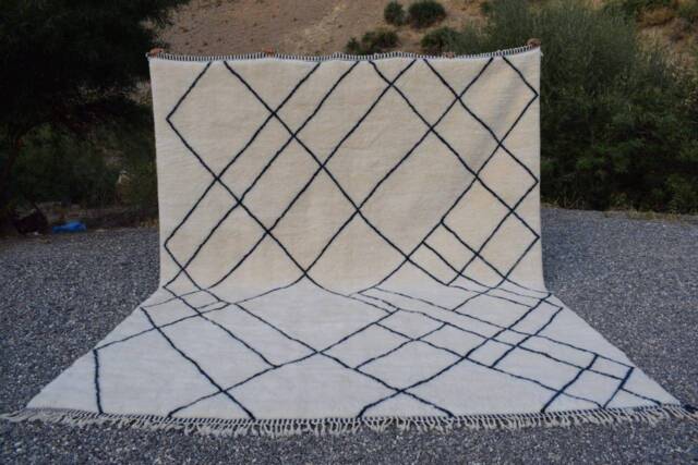 Neutral Handwoven Wool Rug, White Moroccan Handmade Rug With Black Design, Beniourain Area Berber Handknotted Off-White Beni Rugs - image 1