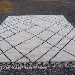 Neutral Handwoven Wool Rug, White Moroccan Handmade Rug With Black Design, Beniourain Area Berber Handknotted Off-White Beni Rugs - thumbnail 2