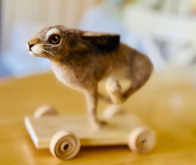 Running Hare On Wheels - Needle Felted Sculpture, Handmade Rabbit Ornament, Woodland Animal Gift, Folk Art Animal - image 1