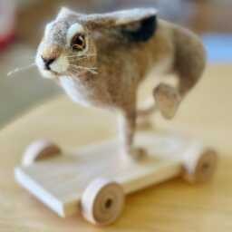 Running Hare On Wheels - Needle Felted Sculpture, Handmade Rabbit Ornament, Woodland Animal Gift, Folk Art Animal - thumbnail 3