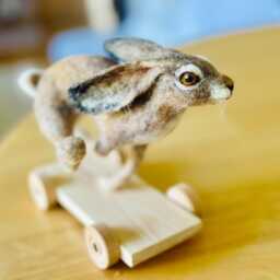 Running Hare On Wheels - Needle Felted Sculpture, Handmade Rabbit Ornament, Woodland Animal Gift, Folk Art Animal - thumbnail 2