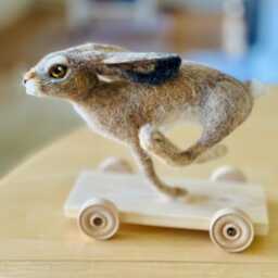 Running Hare On Wheels - Needle Felted Sculpture, Handmade Rabbit Ornament, Woodland Animal Gift, Folk Art Animal - thumbnail 4