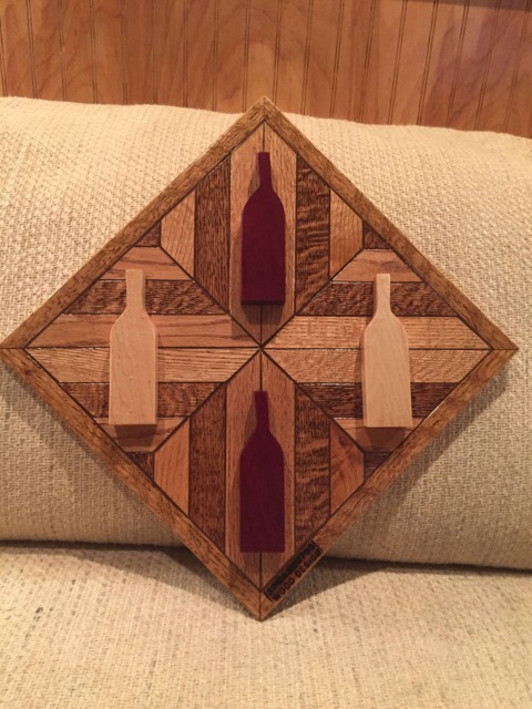 Wood Wall Art Sculpture Featuring 2 Purpleheart & Maple Hand Cut Wine Bottle Set in Geometrically Arranged & Stained Oak - image 1