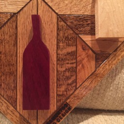 Wood Wall Art Sculpture Featuring 2 Purpleheart & Maple Hand Cut Wine Bottle Set in Geometrically Arranged & Stained Oak - thumbnail 3