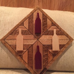 Wood Wall Art Sculpture Featuring 2 Purpleheart & Maple Hand Cut Wine Bottle Set in Geometrically Arranged & Stained Oak - thumbnail 2