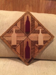 Wood Wall Art Sculpture Featuring 2 Purpleheart & Maple Hand Cut Wine Bottle Set in Geometrically Arranged & Stained Oak - thumbnail 1