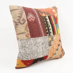 Vintage Turkish Kilim Pillow Cover Handwoven Wool Cushion, 16x16 - thumbnail 3