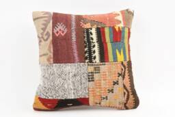 Vintage Turkish Kilim Pillow Cover Handwoven Wool Cushion, 16x16 - thumbnail 1