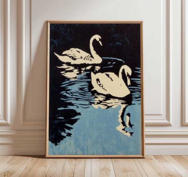 Swan Lake Poster - Vintage Art Deco Wall Print Minimalist Nature Decor Black & Blue Water Artwork Elegant Bird Home