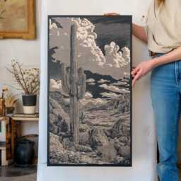 Saguaro Cactus in The Sonora Desert Engraved Birch Wood Panel - Arizona Landscape Wall Art, Nature Illustration, Southwest Home Decor Gift - thumbnail 1