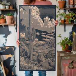 Saguaro Cactus in The Sonora Desert Engraved Birch Wood Panel - Arizona Landscape Wall Art, Nature Illustration, Southwest Home Decor Gift - thumbnail 3