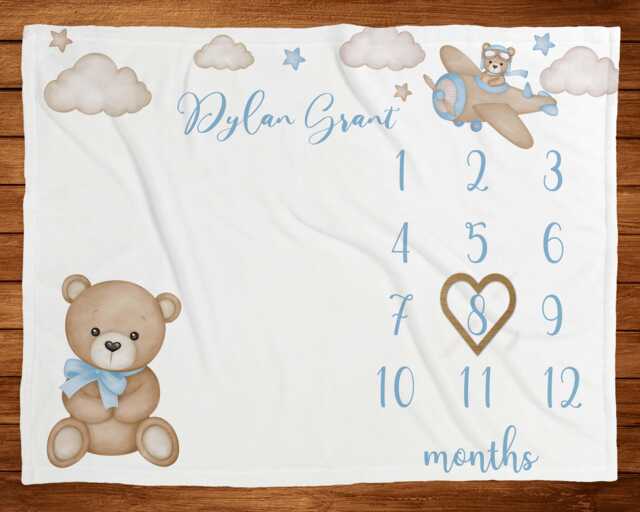 Blue Bear Milestone Blanket Boy Teddy Clouds Baby Age Personalized Vintage Monthly Growth Tracker Boho New Shower Gift - image 1