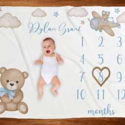 Blue Bear Milestone Blanket Boy Teddy Clouds Baby Age Personalized Vintage Monthly Growth Tracker Boho New Shower Gift - thumbnail 2