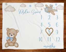 Blue Bear Milestone Blanket Boy Teddy Clouds Baby Age Personalized Vintage Monthly Growth Tracker Boho New Shower Gift