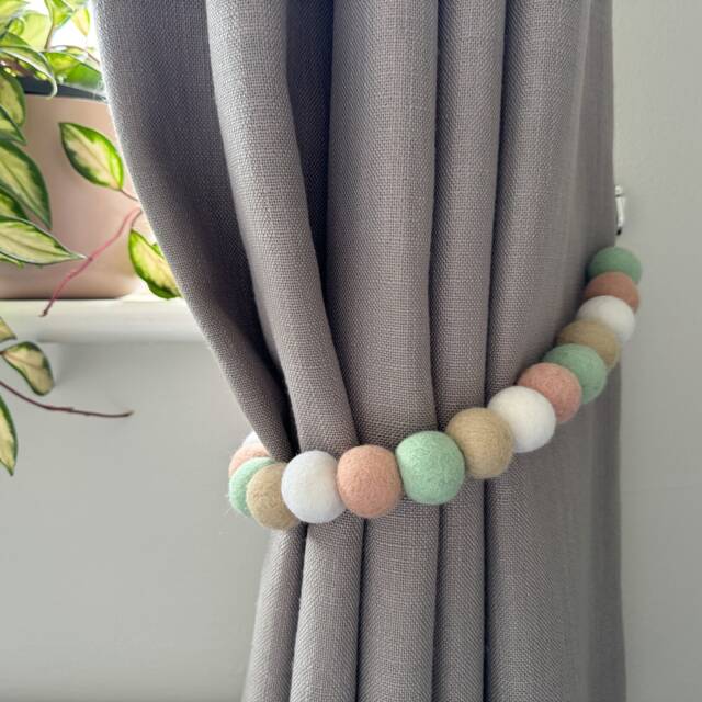 Blush Pink & Mint Felt Ball Curtain Tie Backs - Pom Hold Custom Nursery Decor Baby Gift Colourful Pull - image 1