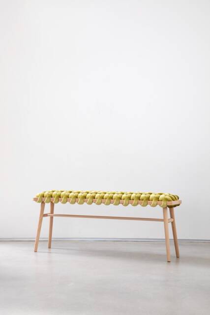 Green Citron Woven Bench Entryway - Handmade Beechwood Hallway Mudroom Bedroom Velvet Bench Statement - image 1