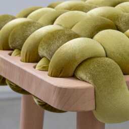 Green Citron Woven Bench Entryway - Handmade Beechwood Hallway Mudroom Bedroom Velvet Bench Statement - thumbnail 4