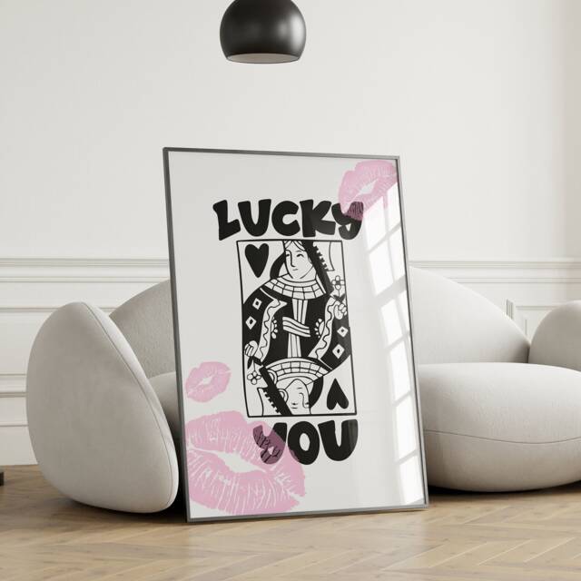 Lucky You Print, Queen Print, Poster, Trendy Playing Card Retro Wall Art, Black & White Gallery Modern 2388 - image 1