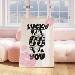 Lucky You Print, Queen Print, Poster, Trendy Playing Card Retro Wall Art, Black & White Gallery Modern 2388 - thumbnail 2