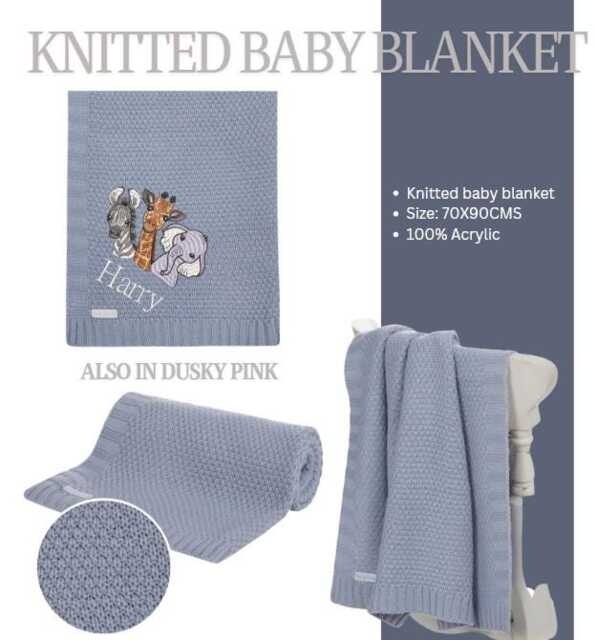 Personalised 3 Safari Zge Zebra Giraffe Elephant Dusky Blue Embroidered Cable Knit Baby Blanket 100cm 2 Colors Super Soft New - image 1