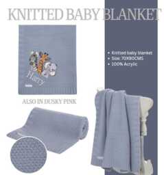 Personalised 3 Safari Zge Zebra Giraffe Elephant Dusky Blue Embroidered Cable Knit Baby Blanket 100cm 2 Colors Super Soft New - thumbnail 1
