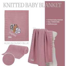 Personalised 3 Safari Zge Zebra Giraffe Elephant Dusky Blue Embroidered Cable Knit Baby Blanket 100cm 2 Colors Super Soft New - thumbnail 2