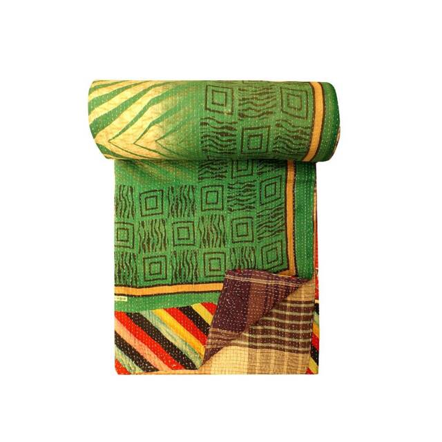 Vintage Handmade Kantha Quilt Indian Cotton Sari Bedspread - image 1