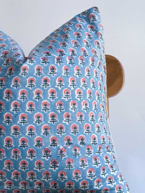 Indian Block Print Pillow Cover Blue Floral Batik, 20 - image 1