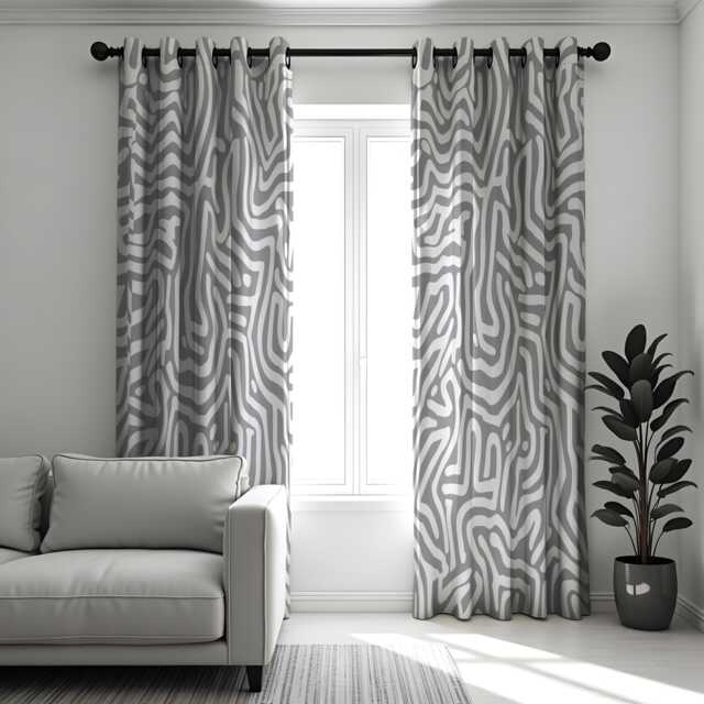 Abstract Maze Print Grey & White Curtains, Modern Geometric Window Treatments, Minimalist Drapes, Contemporary Curtain Panels - image 1