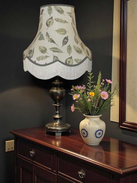 Handmade Autumn Leaf Design Fabric Lampshade Grey Braid, Ivory Cream Fringe, Bespoke British Made - image 1