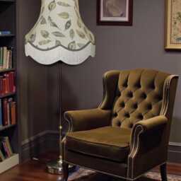 Handmade Autumn Leaf Design Fabric Lampshade Grey Braid, Ivory Cream Fringe, Bespoke British Made - thumbnail 2