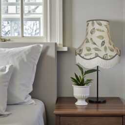 Handmade Autumn Leaf Design Fabric Lampshade Grey Braid, Ivory Cream Fringe, Bespoke British Made - thumbnail 3