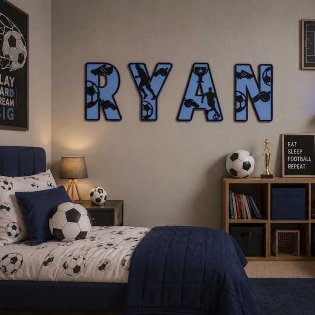 Wooden Football Name Sign - Letters Personalised Plaque Custom Decor Theme Soccer Wall Art - image 1