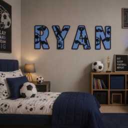 Wooden Football Name Sign - Letters Personalised Plaque Custom Decor Theme Soccer Wall Art - thumbnail 1