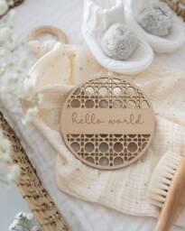 Hello World Baby Announcement Plaque - Rattan Style New Sign Boho Nursery Gift Shower Photo Prop - thumbnail 1