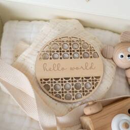 Hello World Baby Announcement Plaque - Rattan Style New Sign Boho Nursery Gift Shower Photo Prop - thumbnail 2