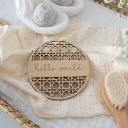 Hello World Baby Announcement Plaque - Rattan Style New Sign Boho Nursery Gift Shower Photo Prop - thumbnail 3