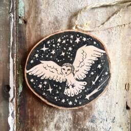 Barn Owl Christmas Ornament - Original Drawing On Birch Wood - thumbnail 2