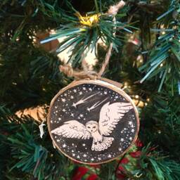Barn Owl Christmas Ornament - Original Drawing On Birch Wood - thumbnail 3