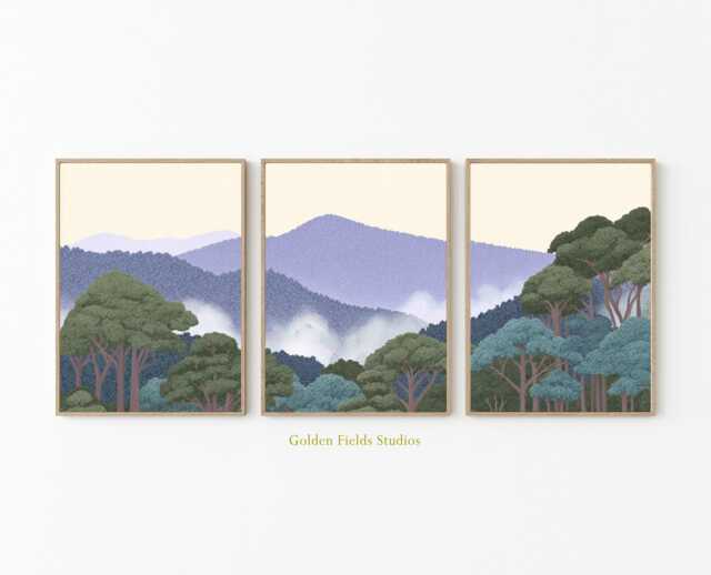 Misty Mountain Forest Poster Set Of 3 - Minimalist Nature Wall Art Prints Soft Green Woodland Landscape Calm Scenic Artwork - image 1