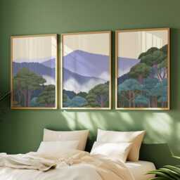 Misty Mountain Forest Poster Set Of 3 - Minimalist Nature Wall Art Prints Soft Green Woodland Landscape Calm Scenic Artwork - thumbnail 2