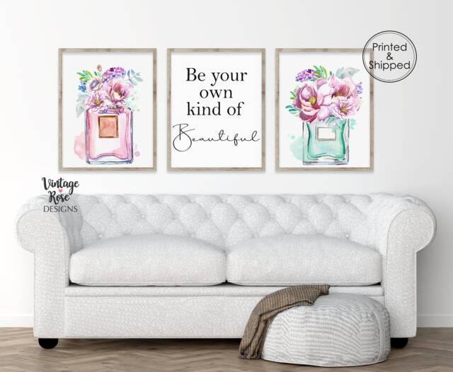 Be Your Own Kind Of Beautiful, Perfume Wall Art, Print, Set Three Prints, Black & White Bedroom Decor, Prints