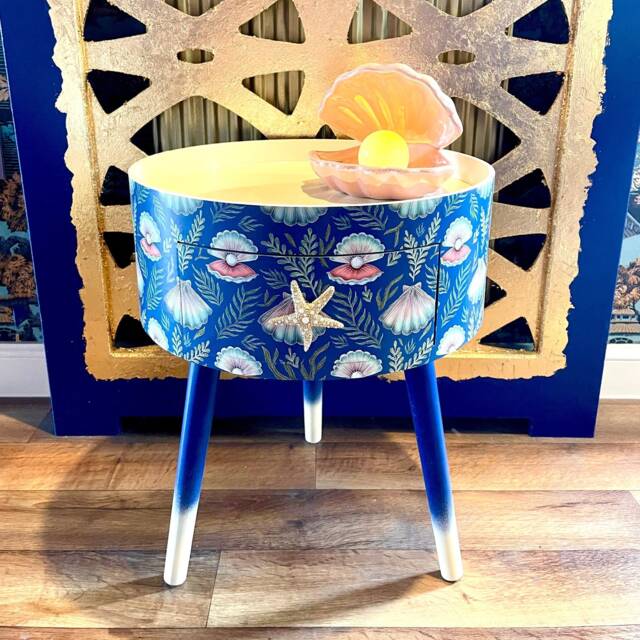 Mermaid Shell Round Side Table Pearl & Blue Ideal For Bedside Nightstand , Built in Wooden Drawer - image 1