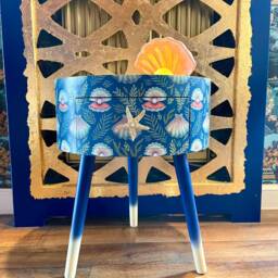 Mermaid Shell Round Side Table Pearl & Blue Ideal For Bedside Nightstand , Built in Wooden Drawer - thumbnail 4